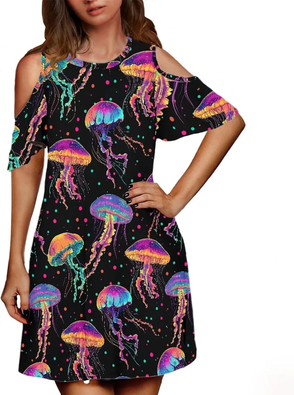 PinUp Angel Summer Casual Cute Floral Flowy Crew Neck Sundresses Graphic Beach Shift Dress for Women
