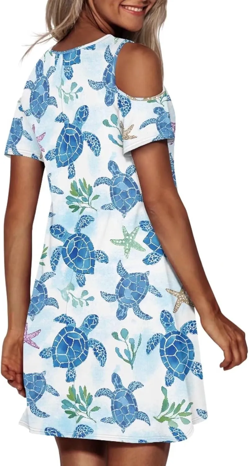 PinUp Angel Summer Casual Cute Floral Flowy Crew Neck Sundresses Graphic Beach Shift Dress for Women