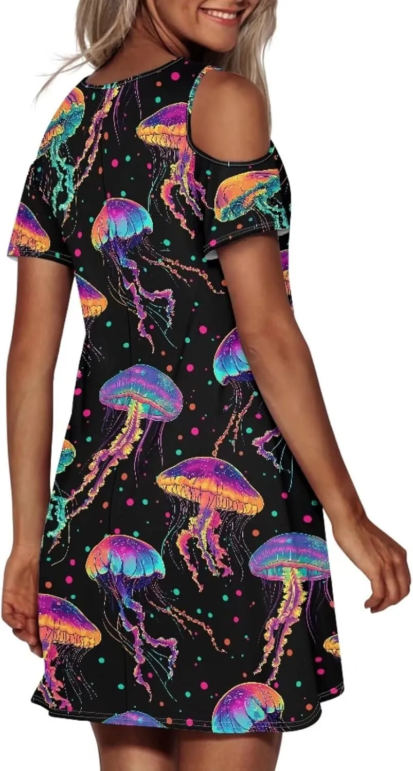 PinUp Angel Summer Casual Cute Floral Flowy Crew Neck Sundresses Graphic Beach Shift Dress for Women