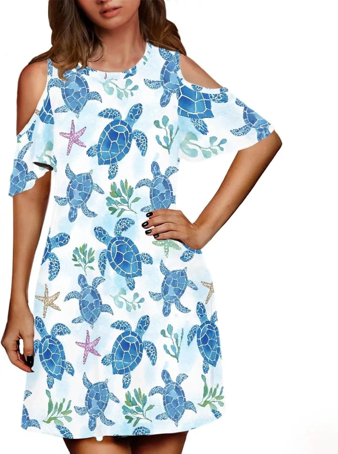 PinUp Angel Summer Casual Cute Floral Flowy Crew Neck Sundresses Graphic Beach Shift Dress for Women
