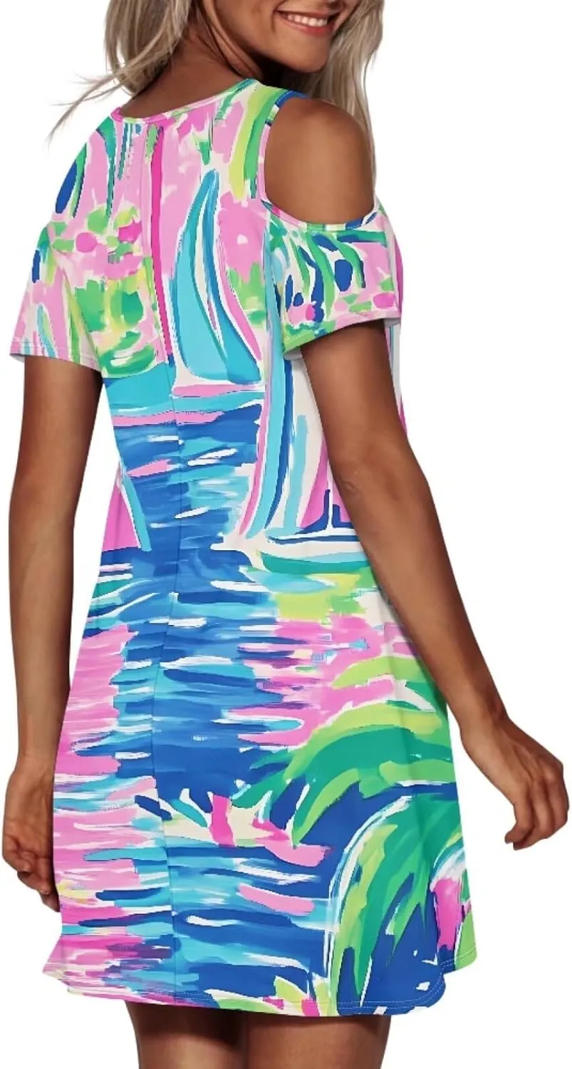 PinUp Angel Summer Casual Cute Floral Flowy Crew Neck Sundresses Graphic Beach Shift Dress for Women