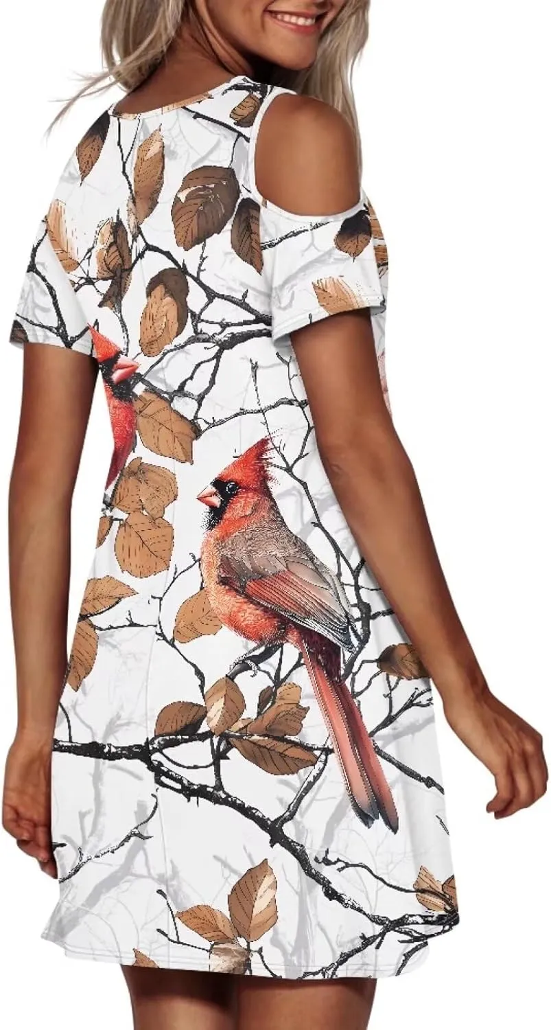 PinUp Angel Summer Casual Cute Floral Flowy Crew Neck Sundresses Graphic Beach Shift Dress for Women