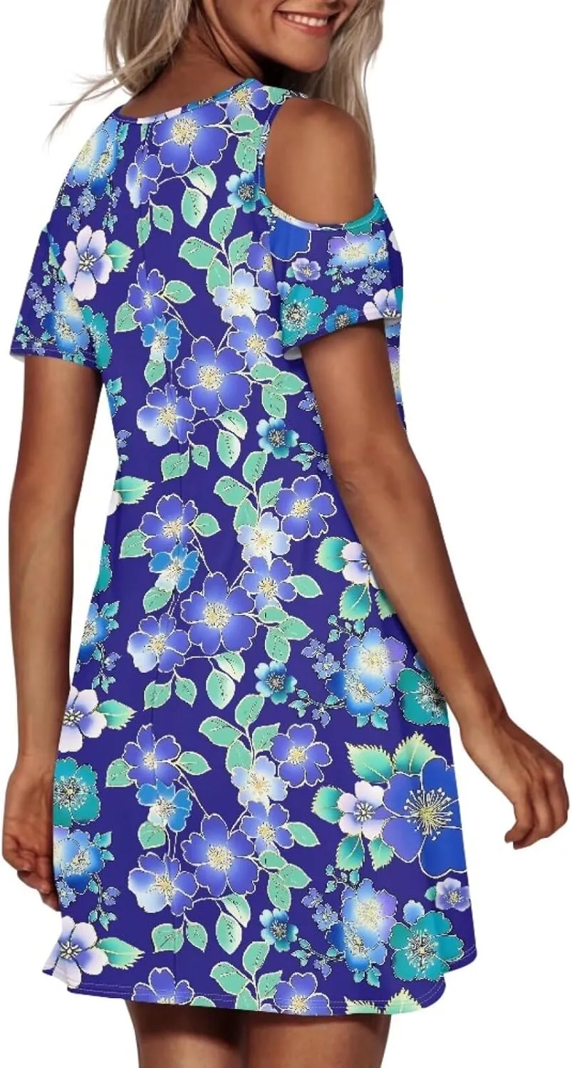 PinUp Angel Summer Casual Cute Floral Flowy Crew Neck Sundresses Graphic Beach Shift Dress for Women