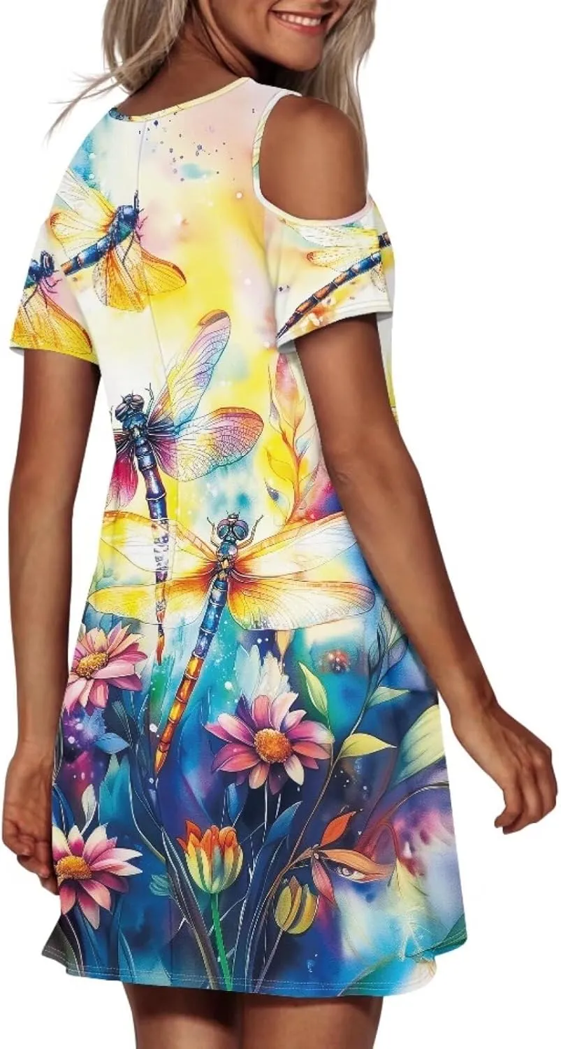 PinUp Angel Summer Casual Cute Floral Flowy Crew Neck Sundresses Graphic Beach Shift Dress for Women