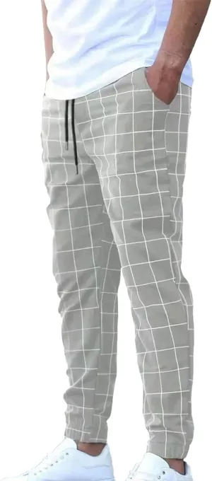 Plaid Dress Pants for Men Linen Casual Pants Lightweight Drawstring Beach Trousers Elastic Waist Cropped Pants