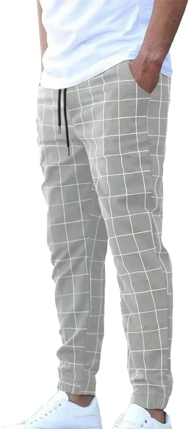 Plaid Dress Pants for Men Linen Casual Pants Lightweight Drawstring Beach Trousers Elastic Waist Cropped Pants