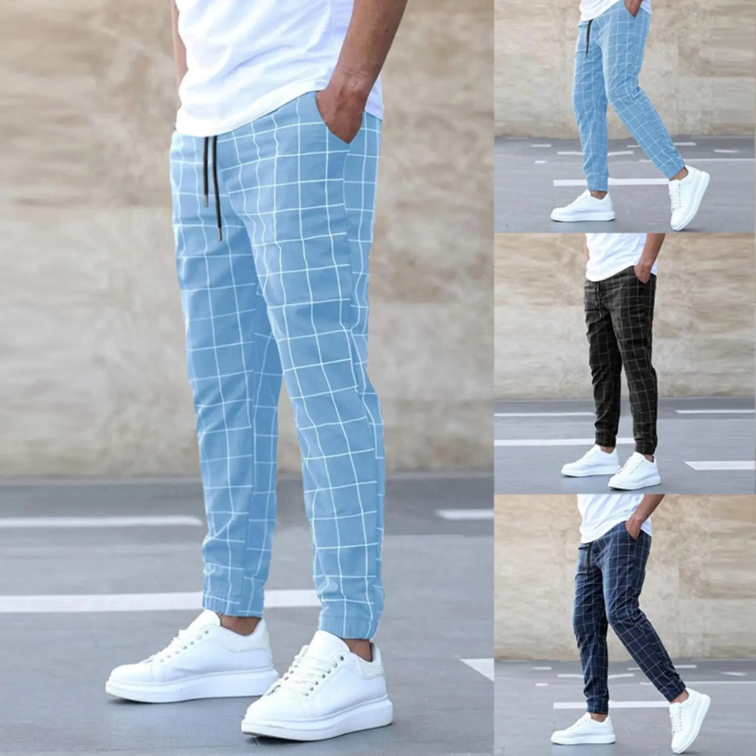 Plaid Tapered Pants for Men Slim Fitting Stretchy Lightweight Breathable Casual Trousers Workout Combat Outdoor Street Pants