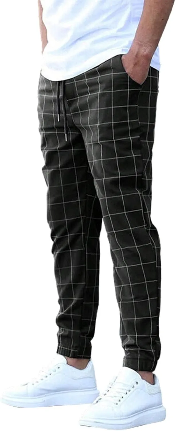 Plaid Tapered Pants for Men Slim Fitting Stretchy Lightweight Breathable Casual Trousers Workout Combat Outdoor Street Pants