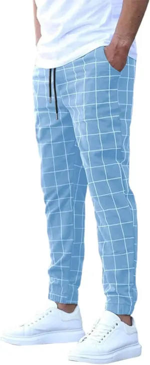 Plaid Tapered Pants for Men Slim Fitting Stretchy Lightweight Breathable Casual Trousers Workout Combat Outdoor Street Pants