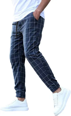 Plaid Tapered Pants for Men Slim Fitting Stretchy Lightweight Breathable Casual Trousers Workout Combat Outdoor Street Pants