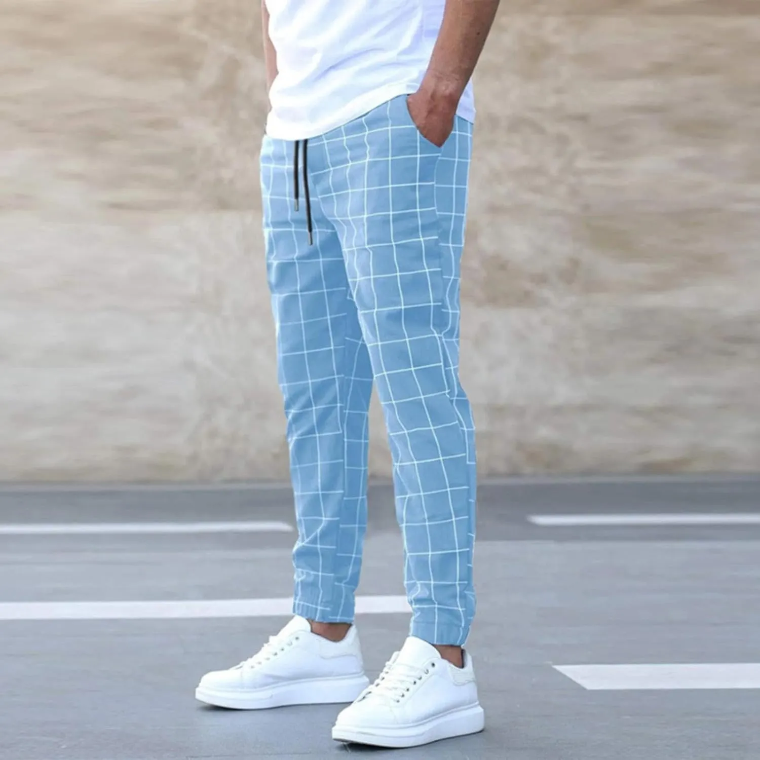 Plaid Tapered Pants for Men Slim Fitting Stretchy Lightweight Breathable Casual Trousers Workout Combat Outdoor Street Pants