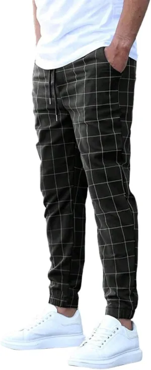 Plaid Tapered Pants for Men Slim Fitting Stretchy Lightweight Breathable Casual Trousers Workout Combat Outdoor Street Pants