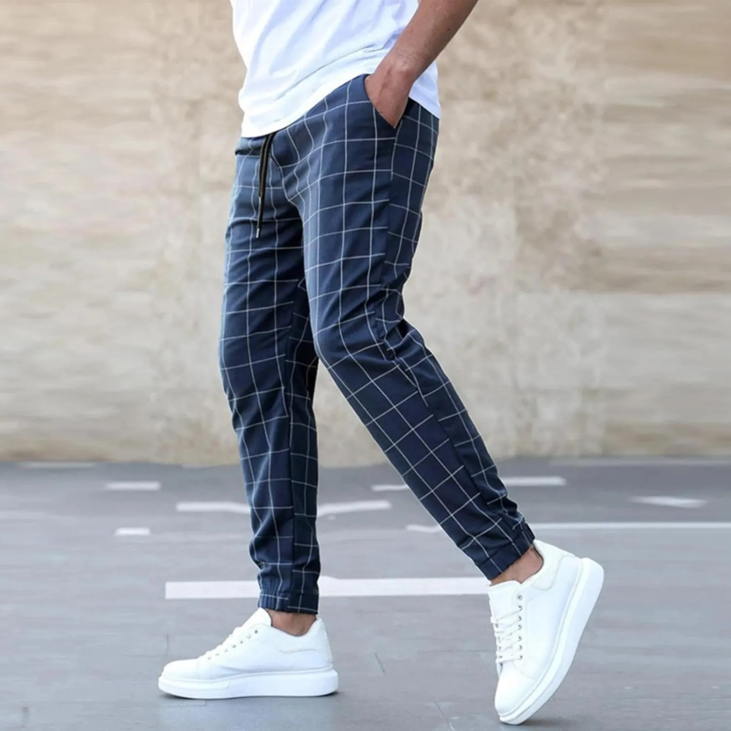 Plaid Tapered Pants for Men Slim Fitting Stretchy Lightweight Breathable Casual Trousers Workout Combat Outdoor Street Pants