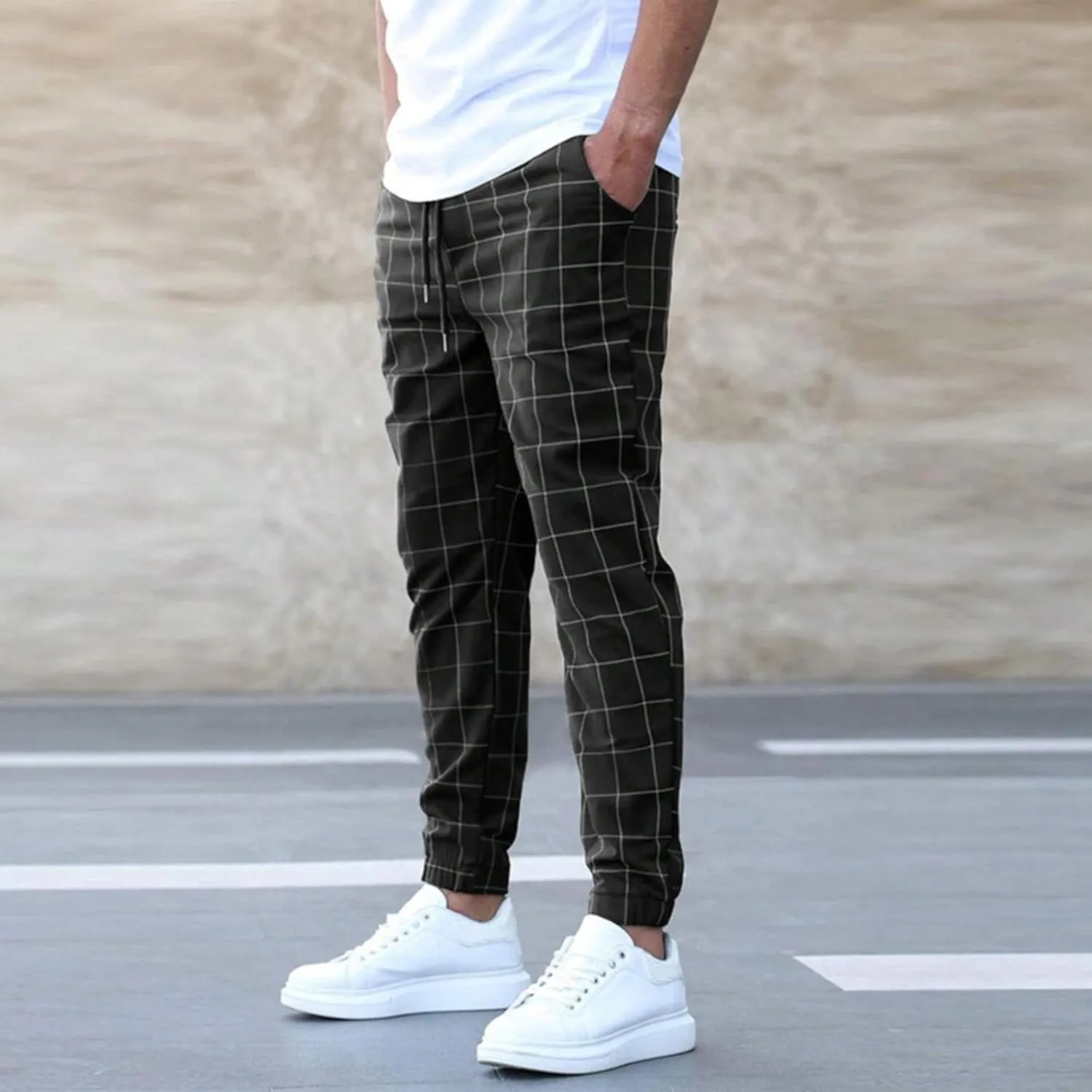 Plaid Tapered Pants for Men Slim Fitting Stretchy Lightweight Breathable Casual Trousers Workout Combat Outdoor Street Pants