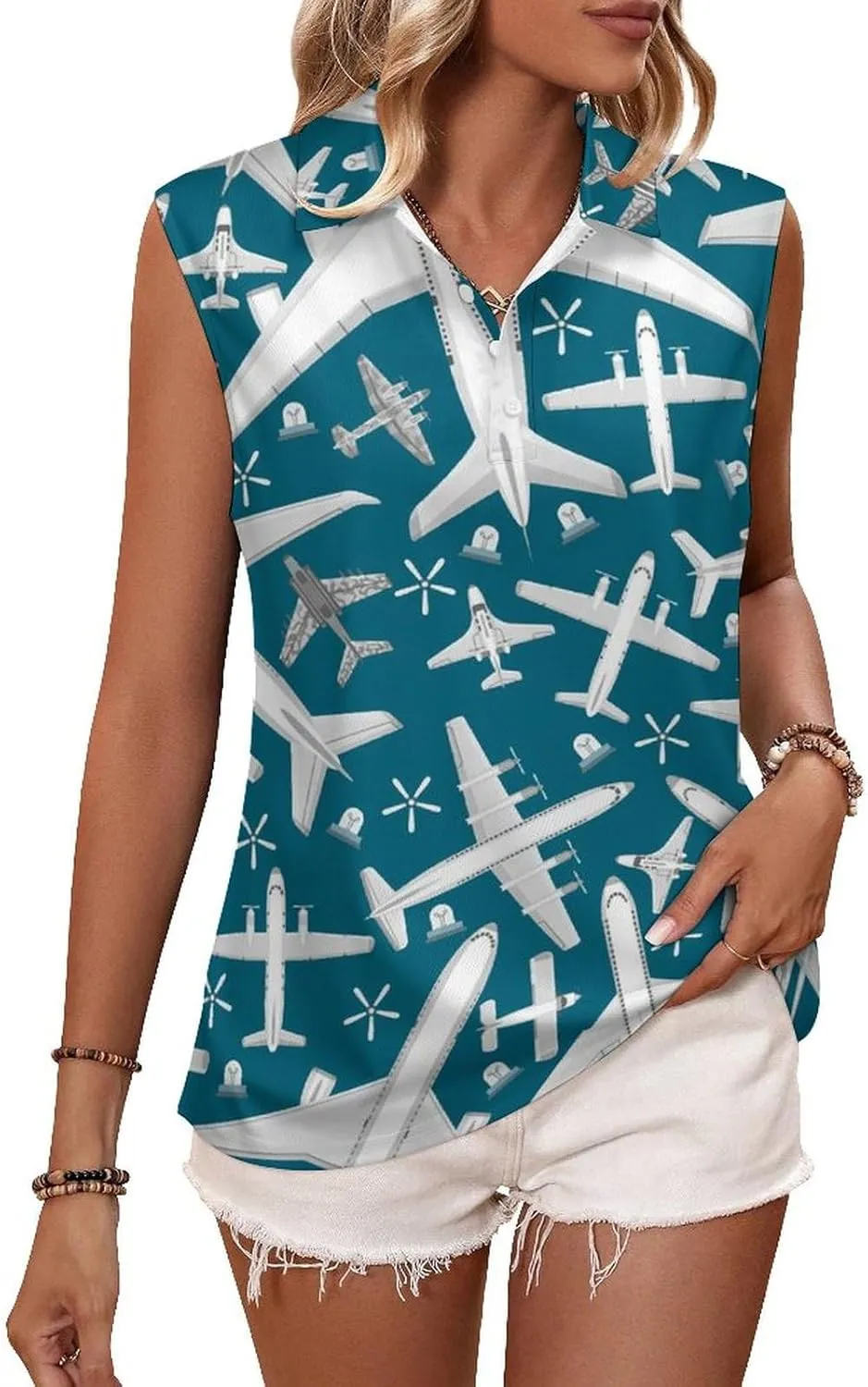 Plane Pattern Aircraft Airplane Jet Women's Sleeveless Golf Polo Shirts Athletic Tank Tops