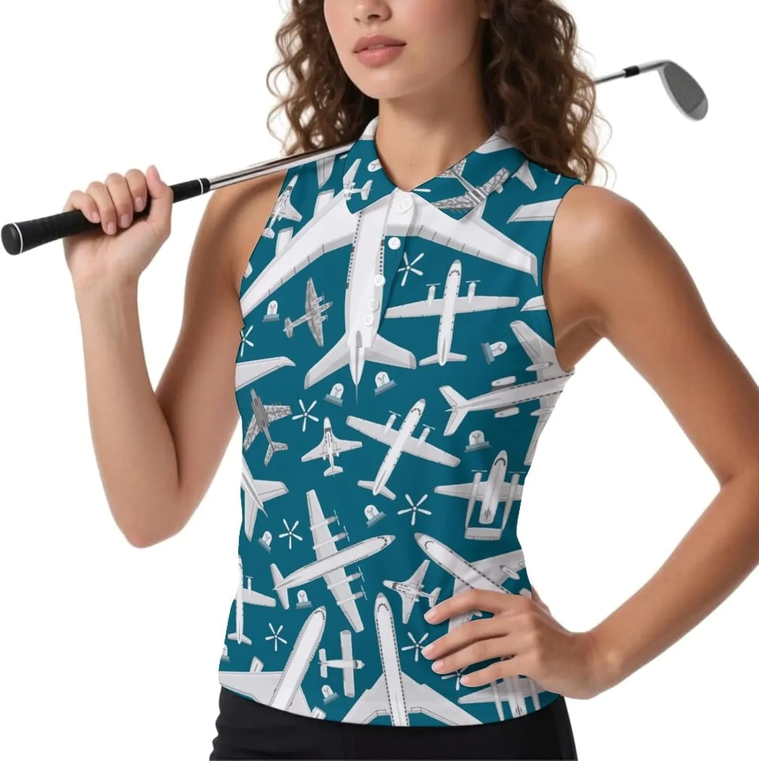 Plane Pattern Aircraft Airplane Jet Women's Sleeveless Golf Polo Shirts Athletic Tank Tops