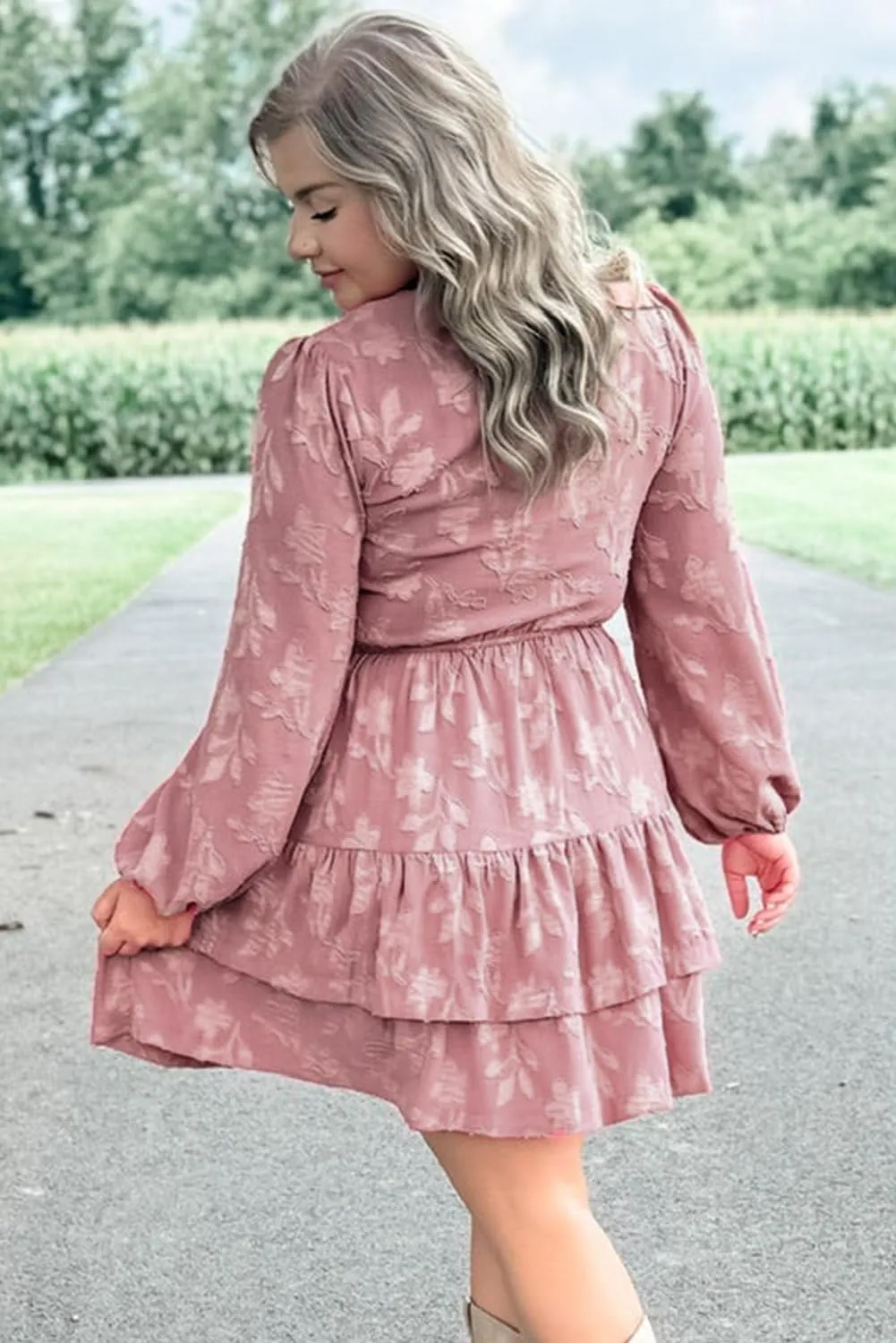 Plus Size Peach Blossom Floral Surplice V Neck Tiered Ruffled Dress for Women