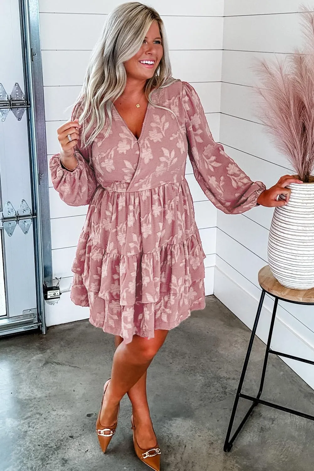 Plus Size Peach Blossom Floral Surplice V Neck Tiered Ruffled Dress for Women