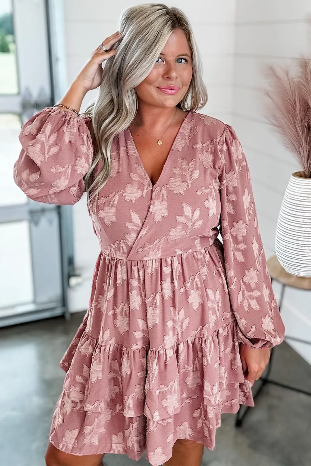 Plus Size Peach Blossom Floral Surplice V Neck Tiered Ruffled Dress for Women