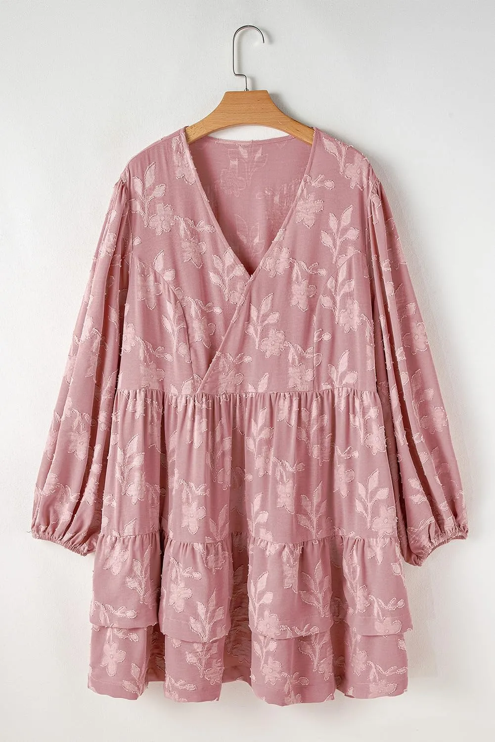 Plus Size Peach Blossom Floral Surplice V Neck Tiered Ruffled Dress for Women