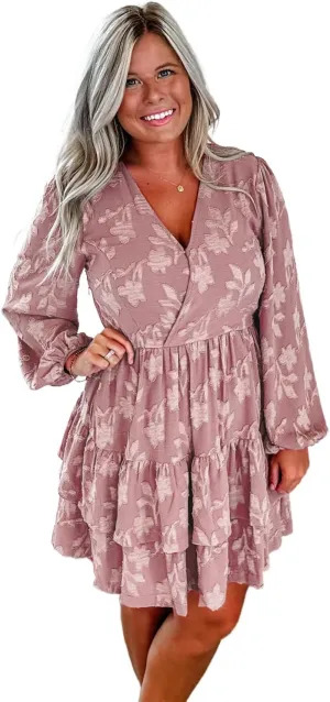 Plus Size Peach Blossom Floral Surplice V Neck Tiered Ruffled Dress for Women