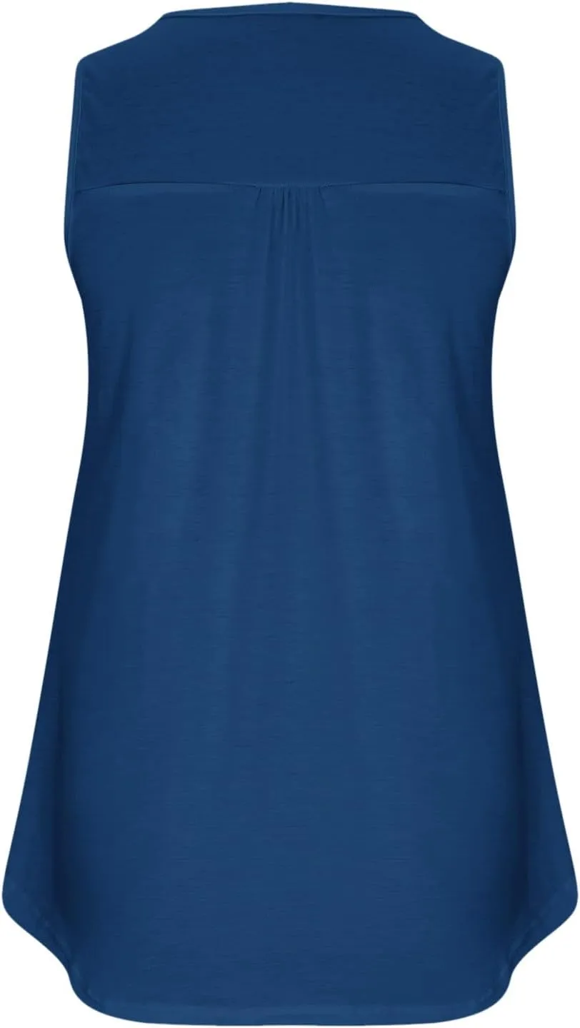 Plus Size Tank Tops for Women Summer V-neck Sleeveless Solid Shirts Buttons Up Loose Fit Pleated Flowy Tunic Blouse