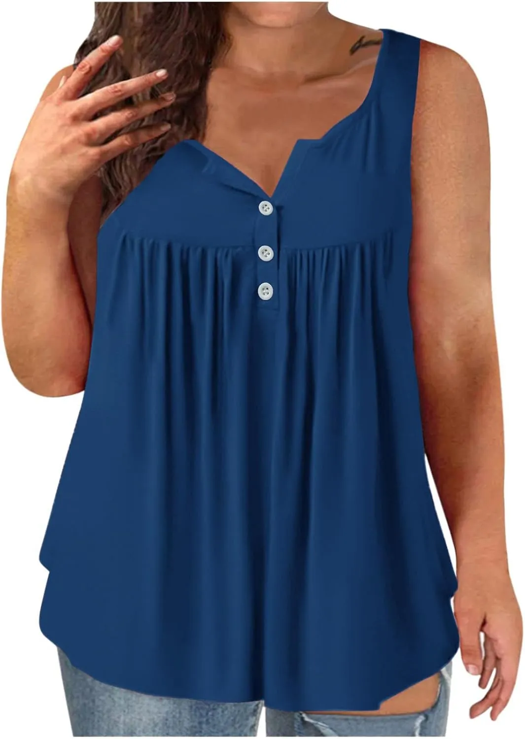 Plus Size Tank Tops for Women Summer V-neck Sleeveless Solid Shirts Buttons Up Loose Fit Pleated Flowy Tunic Blouse
