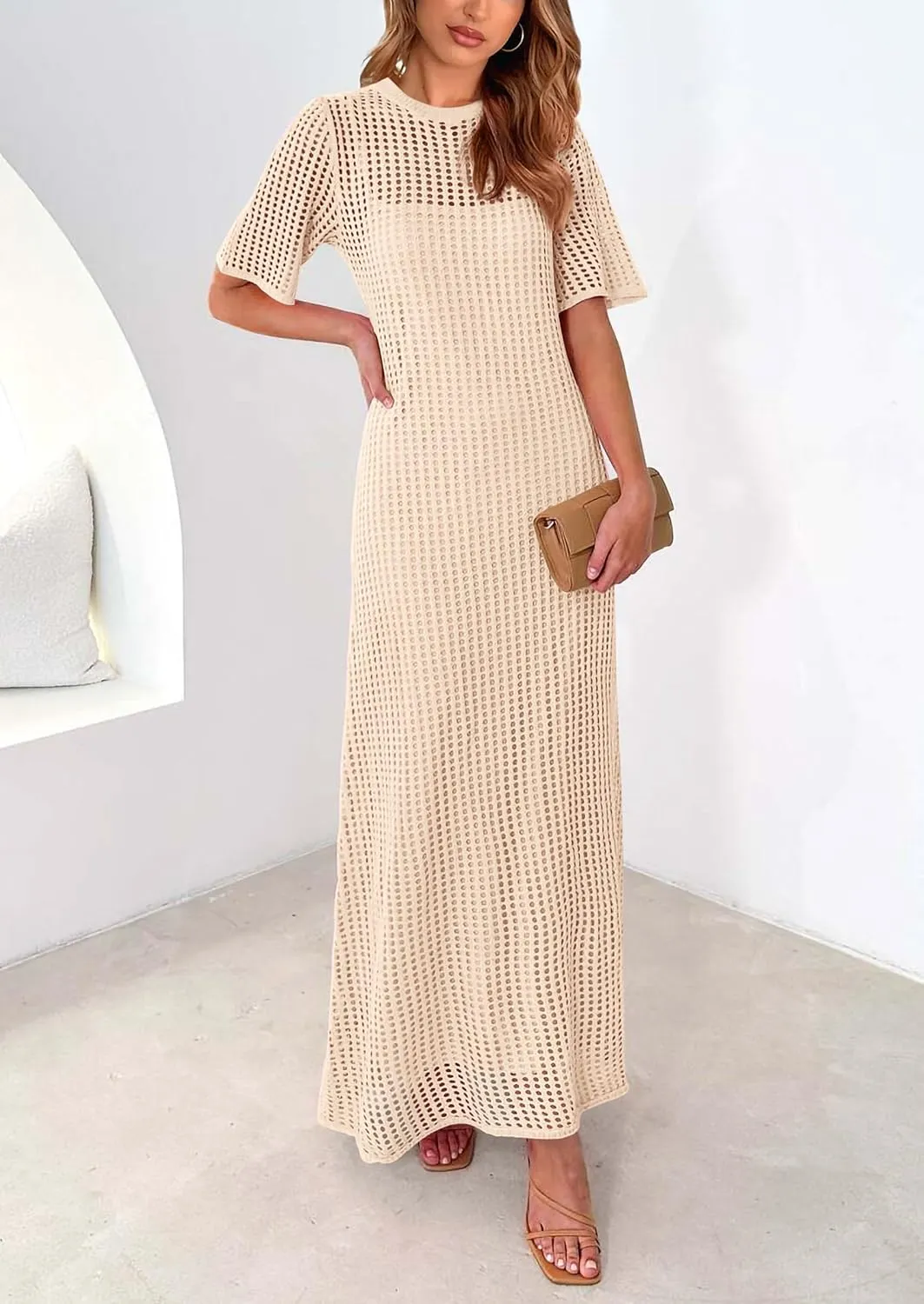 PRETTYGARDEN Womens Eyelet Cover Up Dress 2025 Summer Vacation Resort Maxi Dresses Beach Short Sleeve Hollow Out Sundress