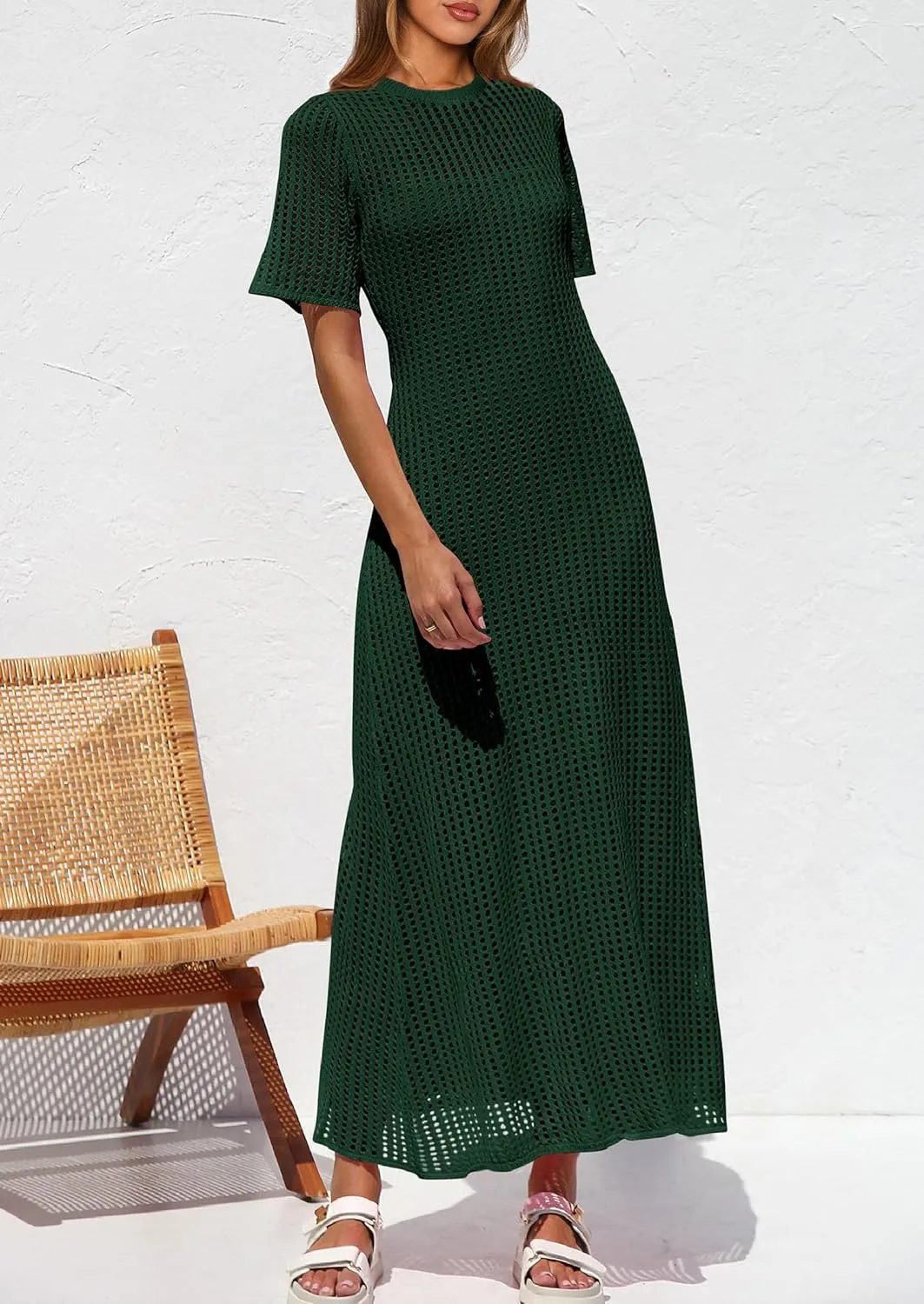PRETTYGARDEN Womens Eyelet Cover Up Dress 2025 Summer Vacation Resort Maxi Dresses Beach Short Sleeve Hollow Out Sundress