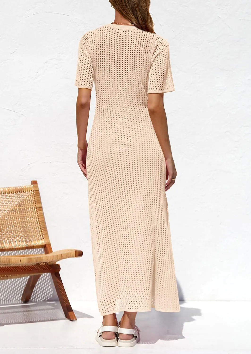 PRETTYGARDEN Womens Eyelet Cover Up Dress 2025 Summer Vacation Resort Maxi Dresses Beach Short Sleeve Hollow Out Sundress