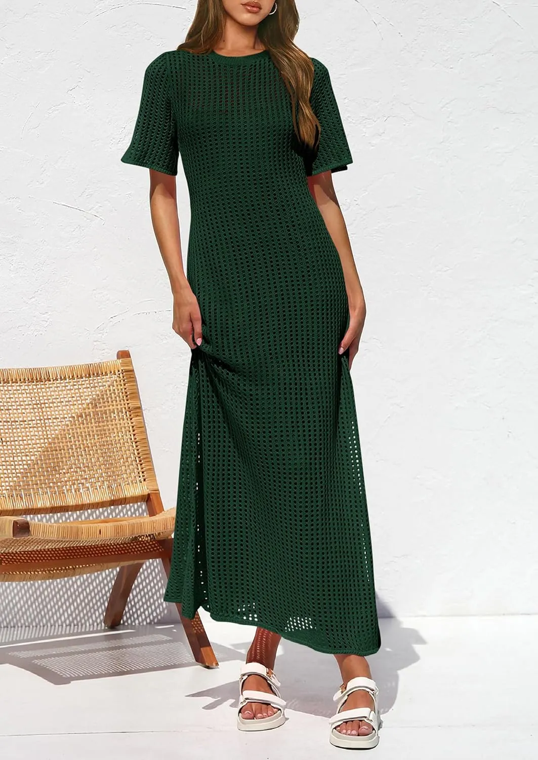 PRETTYGARDEN Womens Eyelet Cover Up Dress 2025 Summer Vacation Resort Maxi Dresses Beach Short Sleeve Hollow Out Sundress