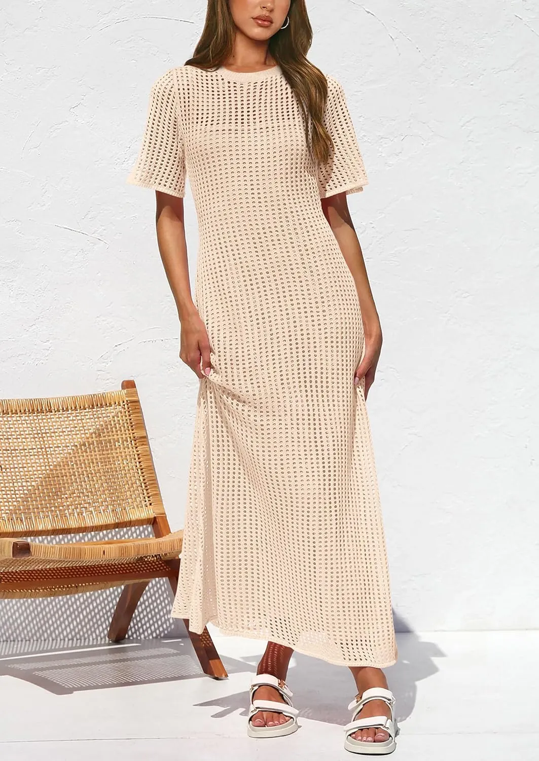 PRETTYGARDEN Womens Eyelet Cover Up Dress 2025 Summer Vacation Resort Maxi Dresses Beach Short Sleeve Hollow Out Sundress