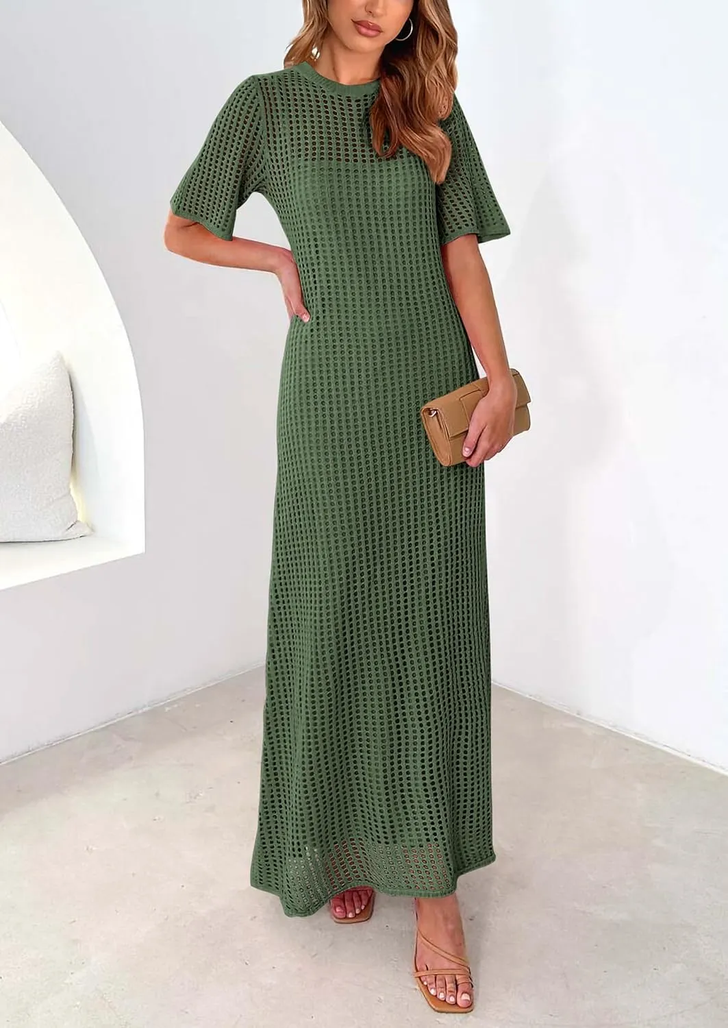 PRETTYGARDEN Womens Eyelet Cover Up Dress 2025 Summer Vacation Resort Maxi Dresses Beach Short Sleeve Hollow Out Sundress