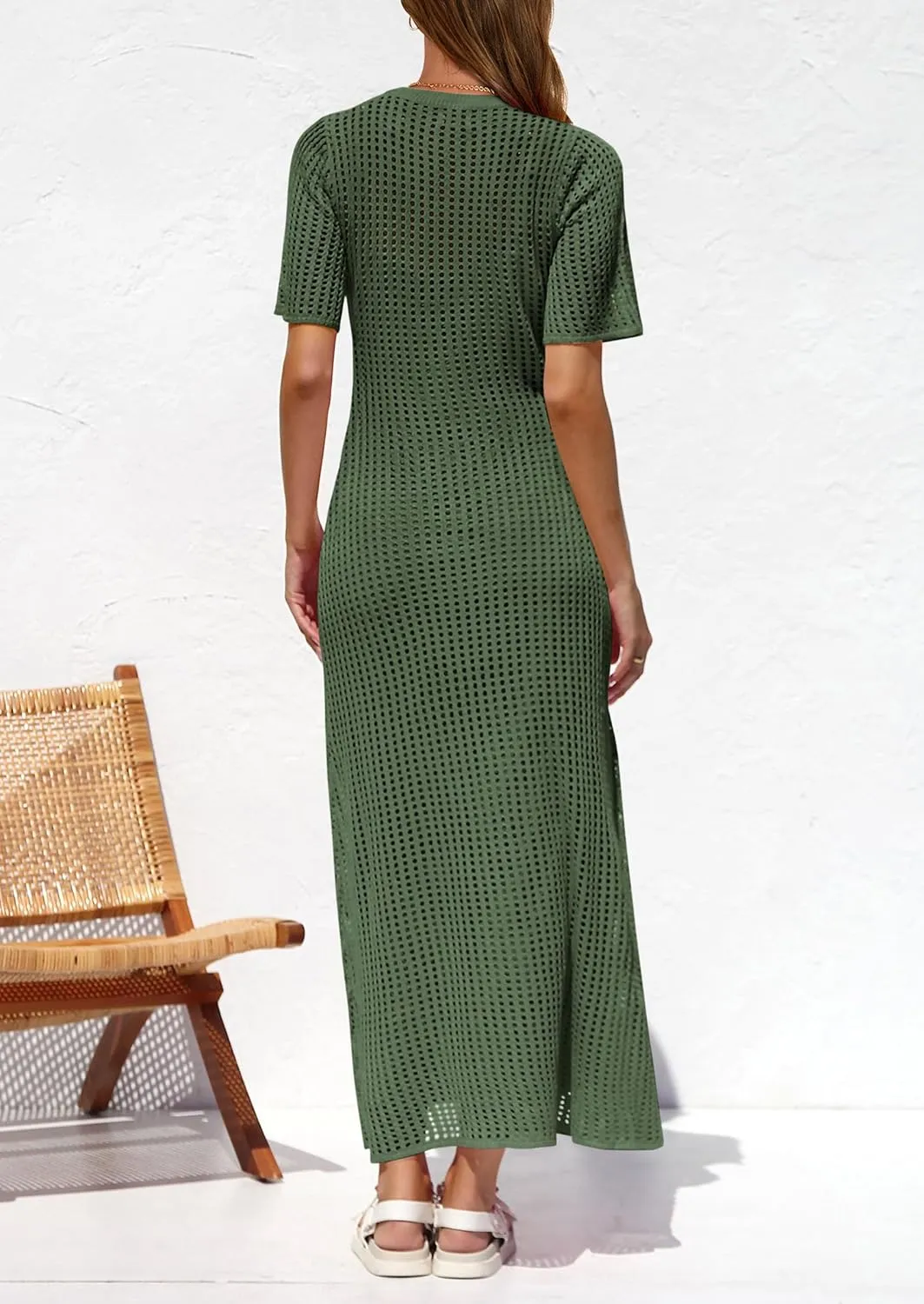 PRETTYGARDEN Womens Eyelet Cover Up Dress 2025 Summer Vacation Resort Maxi Dresses Beach Short Sleeve Hollow Out Sundress