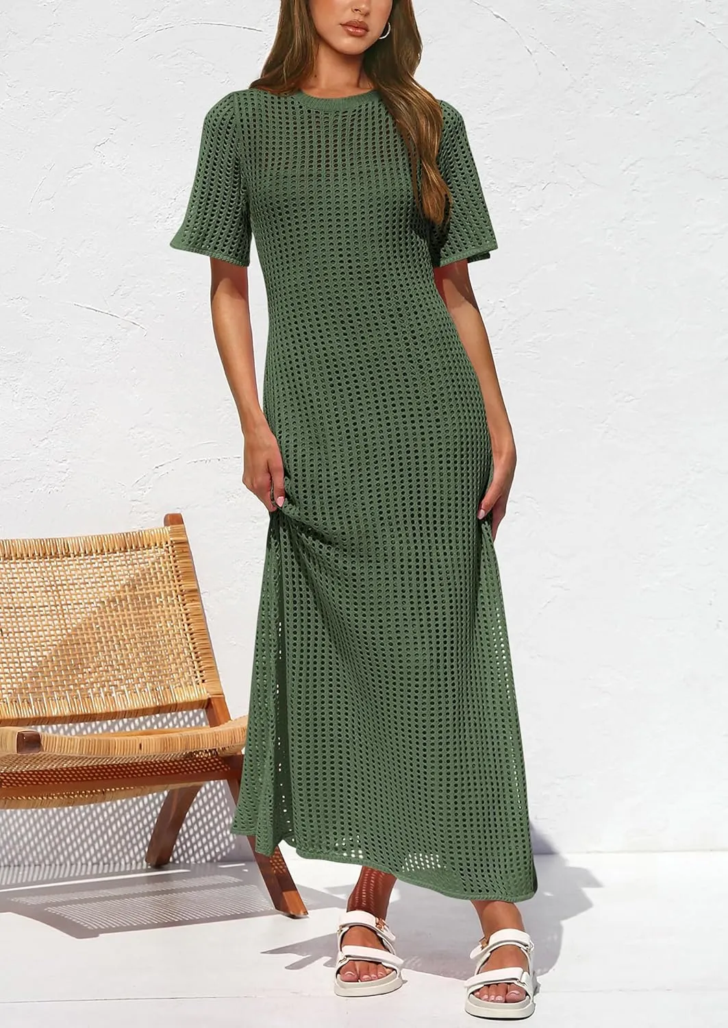 PRETTYGARDEN Womens Eyelet Cover Up Dress 2025 Summer Vacation Resort Maxi Dresses Beach Short Sleeve Hollow Out Sundress