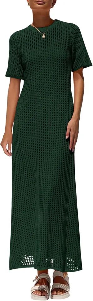 PRETTYGARDEN Womens Eyelet Cover Up Dress 2025 Summer Vacation Resort Maxi Dresses Beach Short Sleeve Hollow Out Sundress
