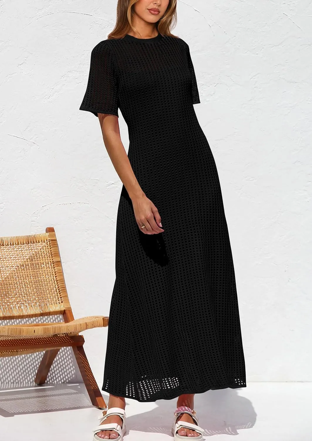 PRETTYGARDEN Womens Eyelet Cover Up Dress 2025 Summer Vacation Resort Maxi Dresses Beach Short Sleeve Hollow Out Sundress