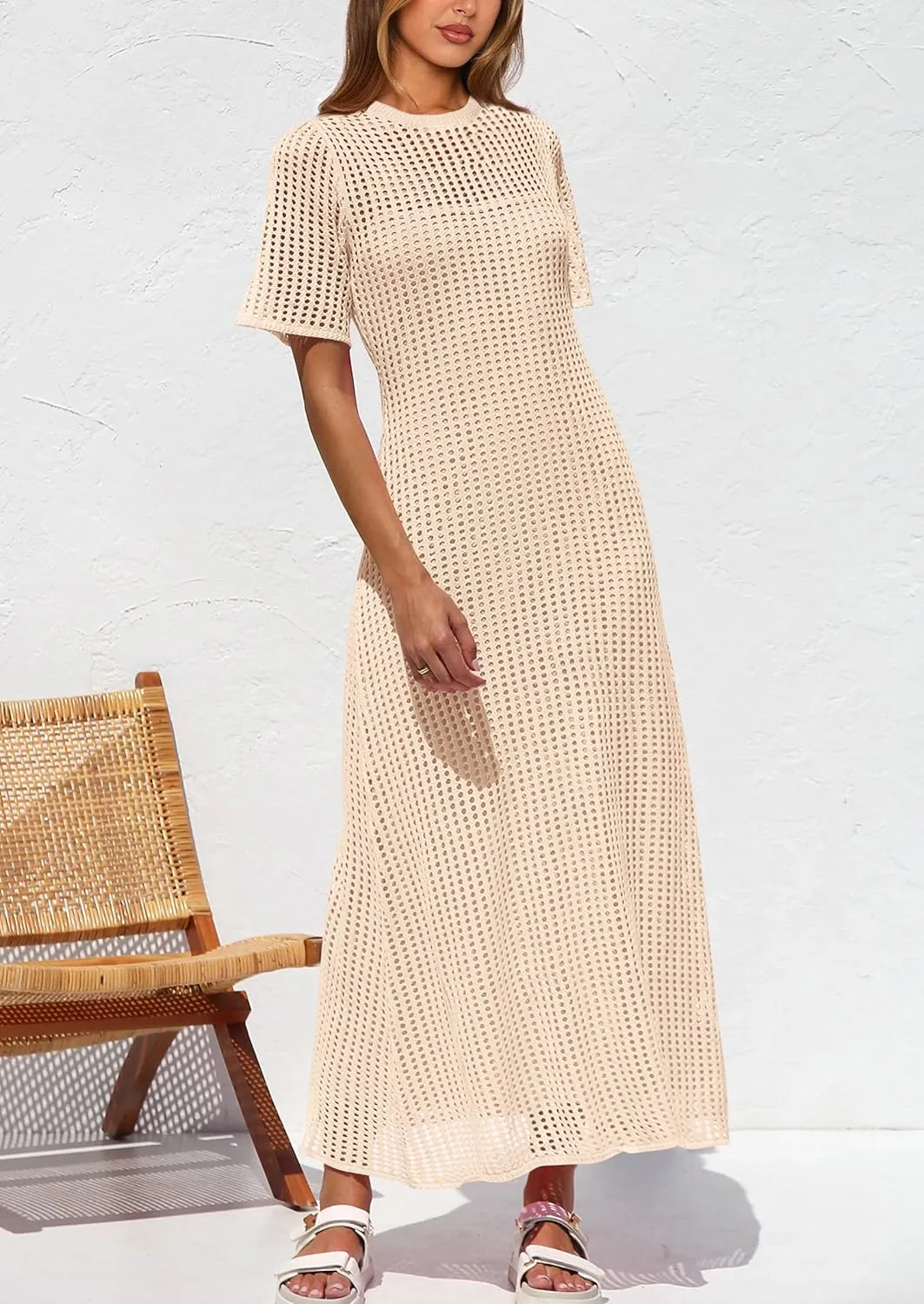 PRETTYGARDEN Womens Eyelet Cover Up Dress 2025 Summer Vacation Resort Maxi Dresses Beach Short Sleeve Hollow Out Sundress