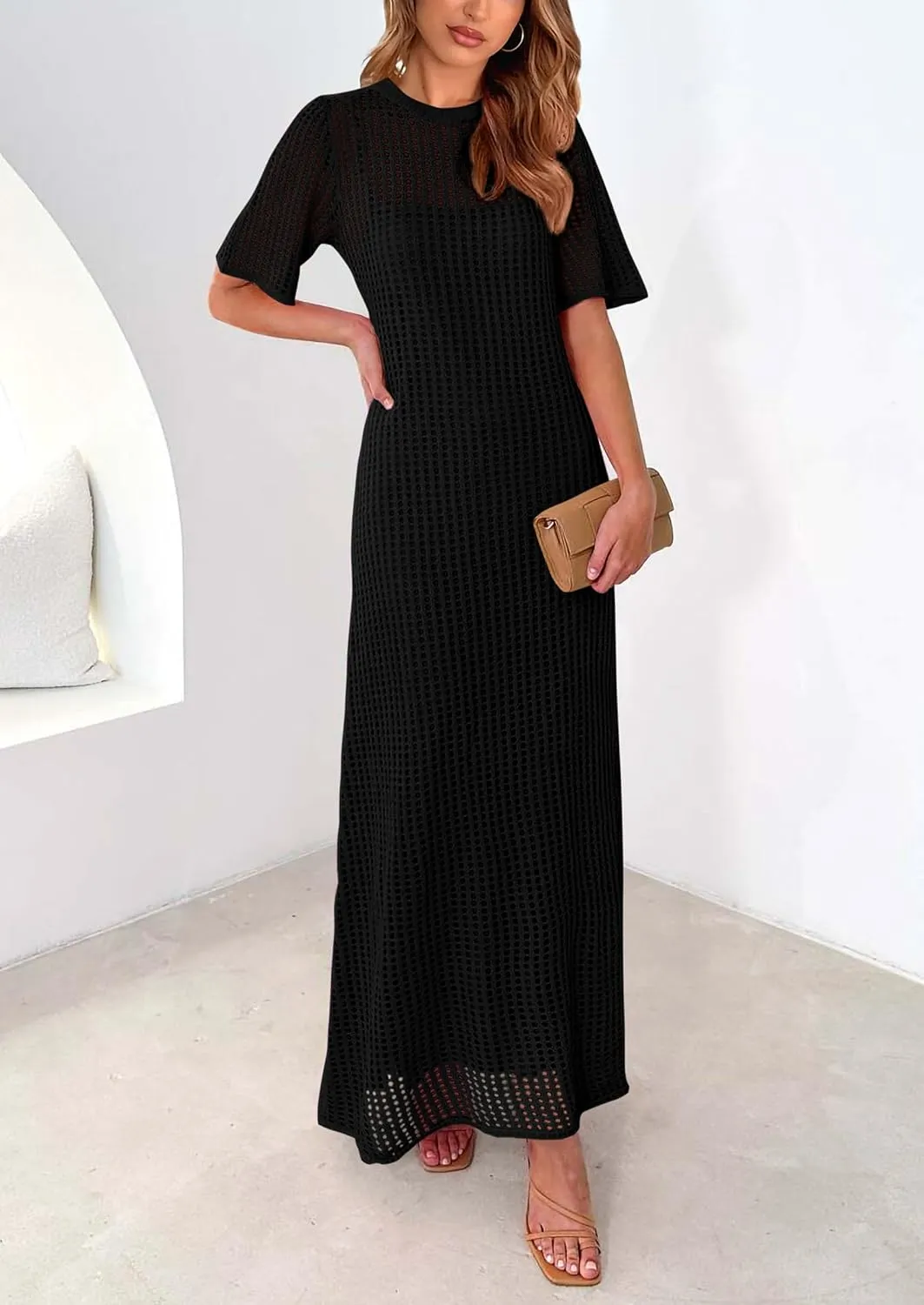 PRETTYGARDEN Womens Eyelet Cover Up Dress 2025 Summer Vacation Resort Maxi Dresses Beach Short Sleeve Hollow Out Sundress