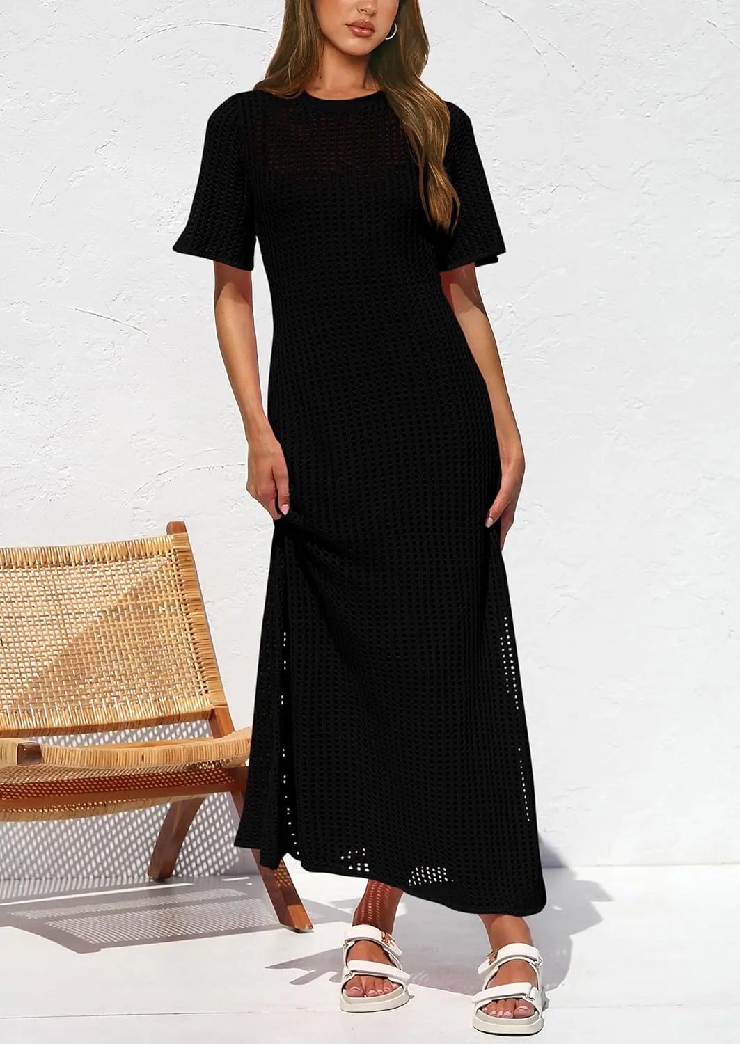 PRETTYGARDEN Womens Eyelet Cover Up Dress 2025 Summer Vacation Resort Maxi Dresses Beach Short Sleeve Hollow Out Sundress