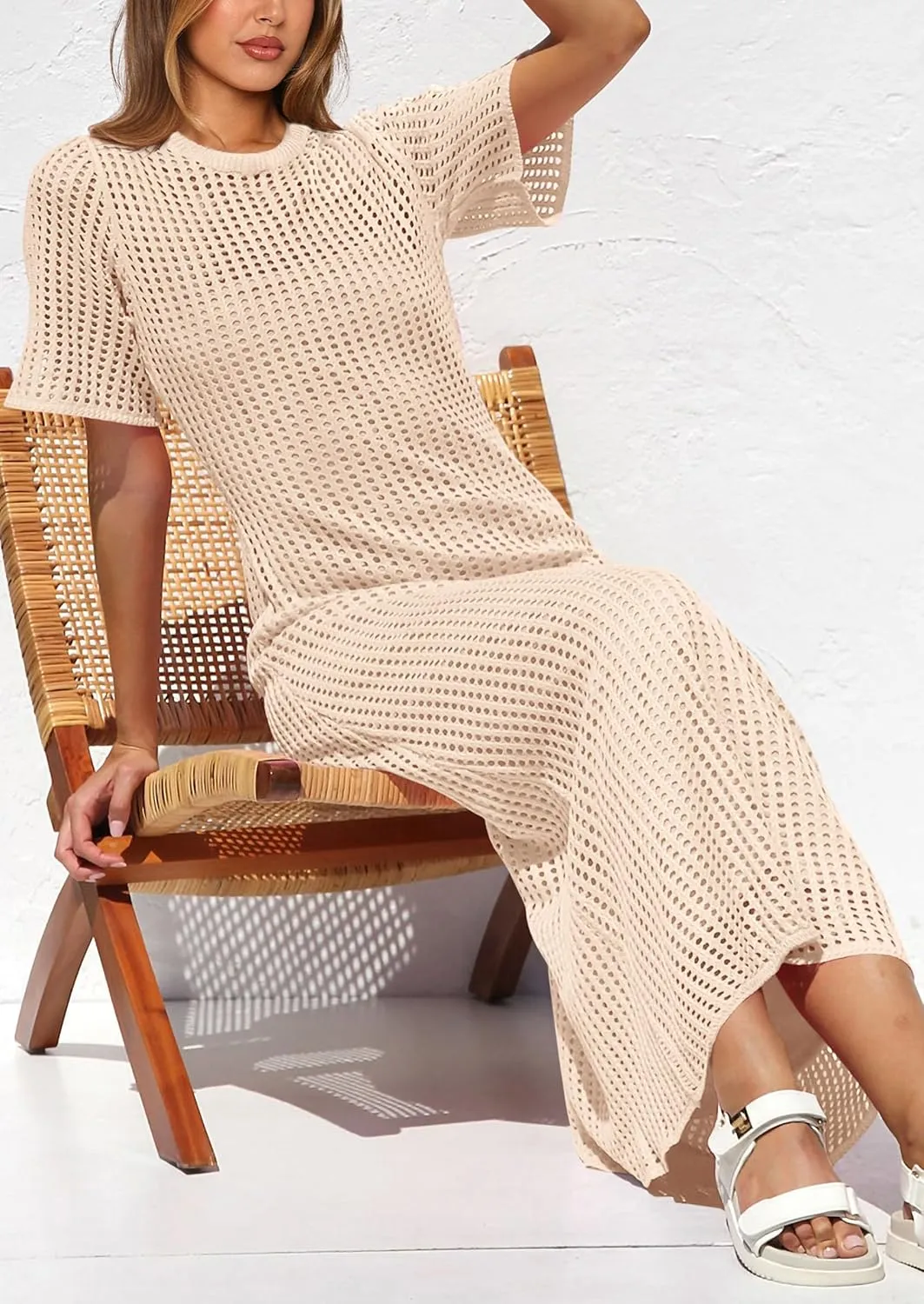 PRETTYGARDEN Womens Eyelet Cover Up Dress 2025 Summer Vacation Resort Maxi Dresses Beach Short Sleeve Hollow Out Sundress