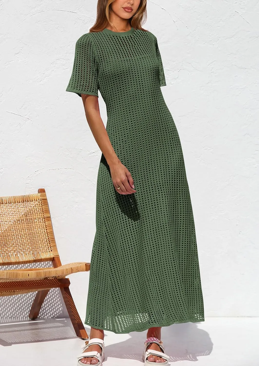 PRETTYGARDEN Womens Eyelet Cover Up Dress 2025 Summer Vacation Resort Maxi Dresses Beach Short Sleeve Hollow Out Sundress