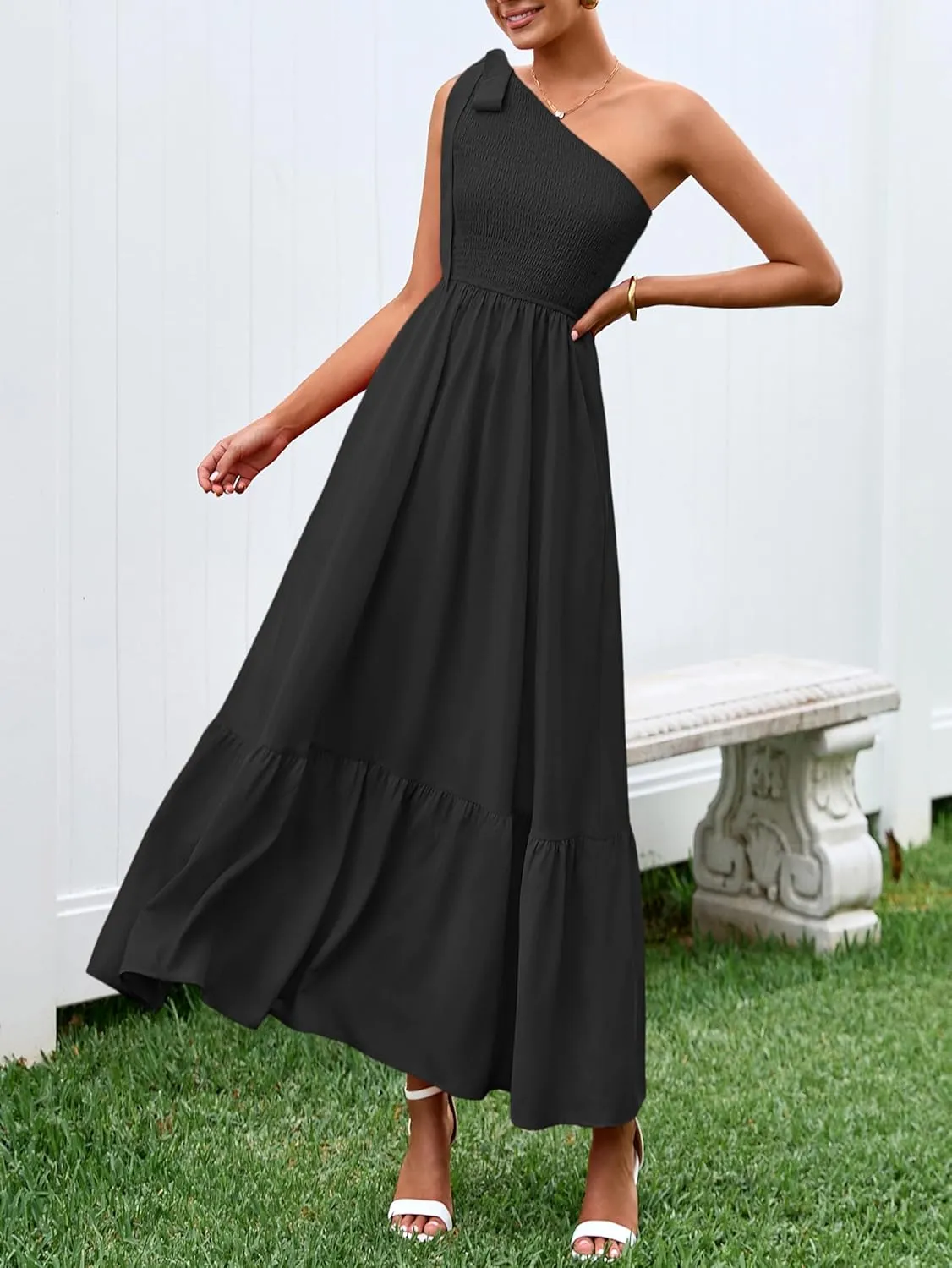 PRETTYGARDEN Womens One Shoulder Summer Maxi Dress Smocked Flowy Boho Beach Long Sundress Sleeveless Wedding Guest Dresses