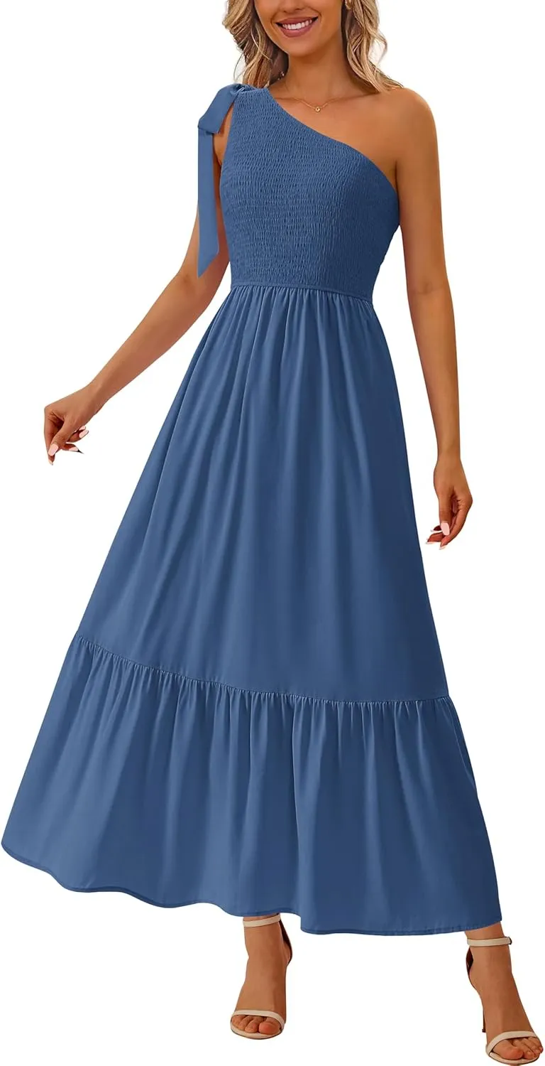 PRETTYGARDEN Womens One Shoulder Summer Maxi Dress Smocked Flowy Boho Beach Long Sundress Sleeveless Wedding Guest Dresses
