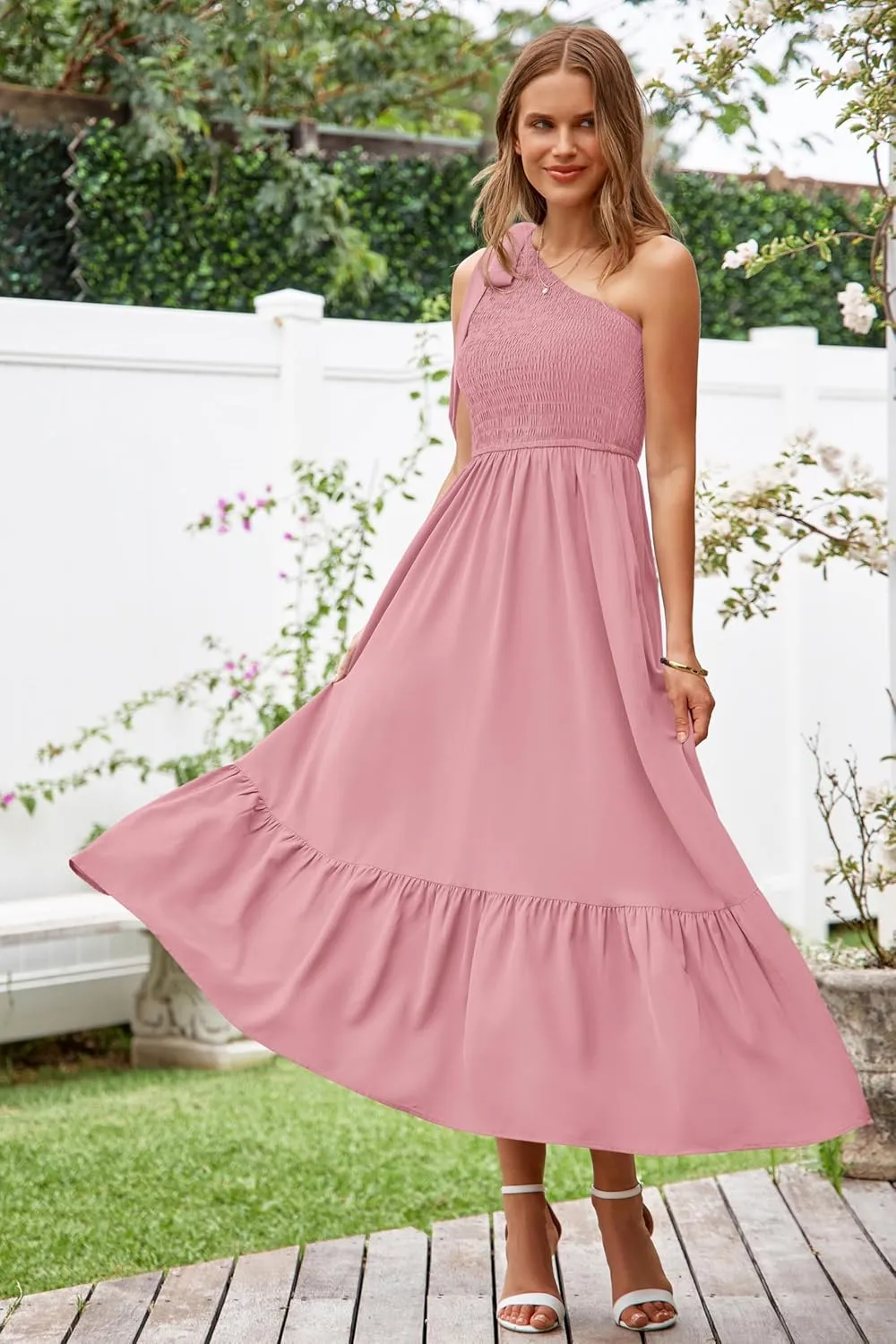 PRETTYGARDEN Womens One Shoulder Summer Maxi Dress Smocked Flowy Boho Beach Long Sundress Sleeveless Wedding Guest Dresses