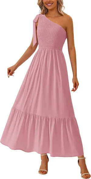 PRETTYGARDEN Womens One Shoulder Summer Maxi Dress Smocked Flowy Boho Beach Long Sundress Sleeveless Wedding Guest Dresses