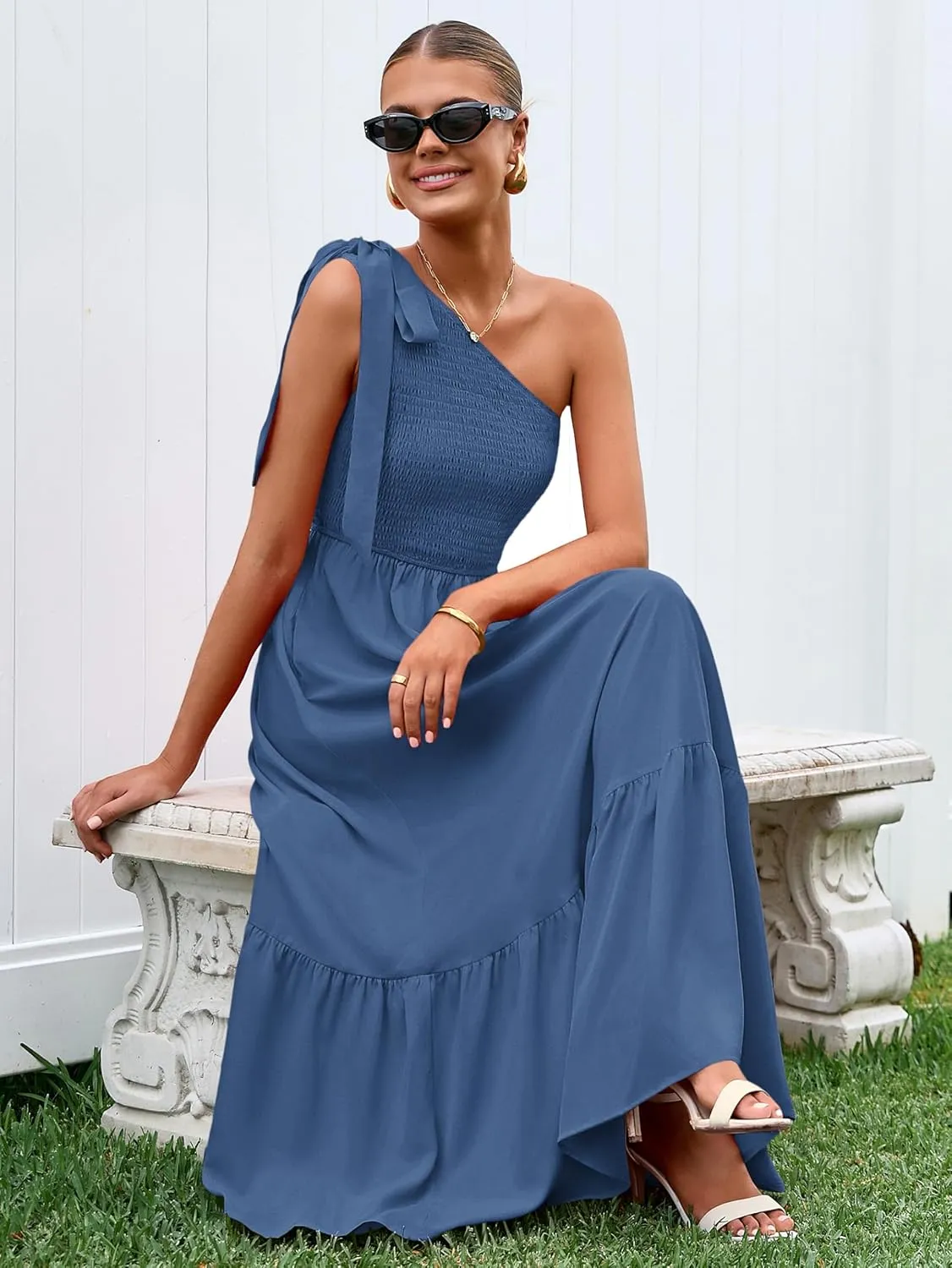 PRETTYGARDEN Womens One Shoulder Summer Maxi Dress Smocked Flowy Boho Beach Long Sundress Sleeveless Wedding Guest Dresses