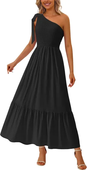 PRETTYGARDEN Womens One Shoulder Summer Maxi Dress Smocked Flowy Boho Beach Long Sundress Sleeveless Wedding Guest Dresses