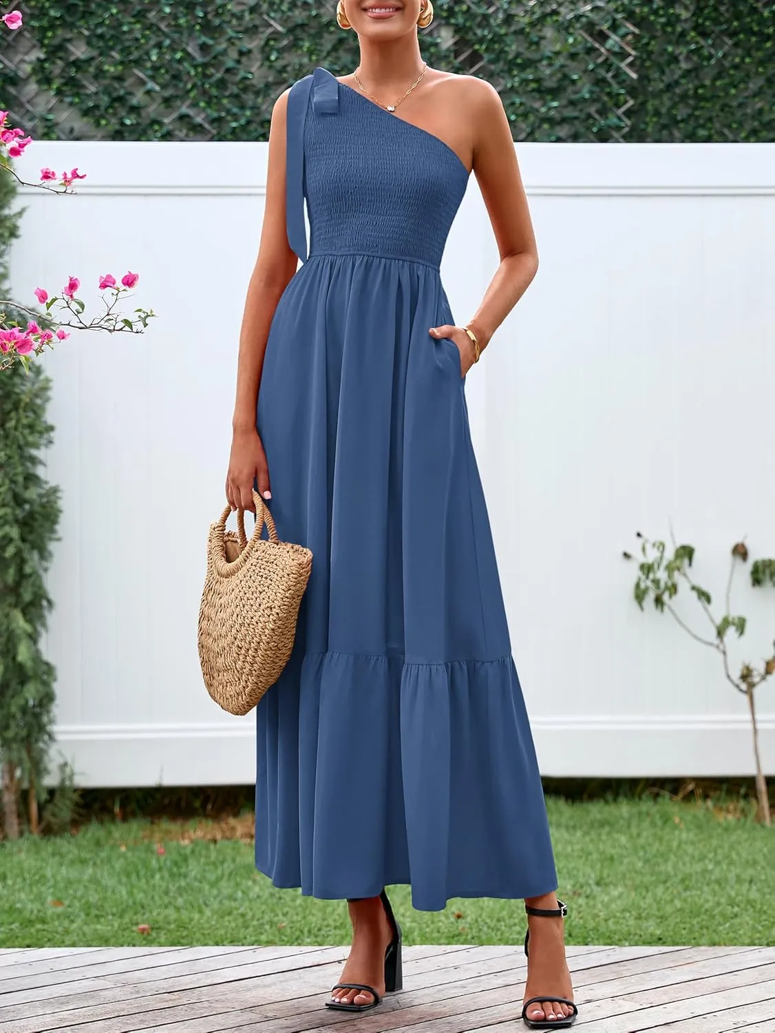 PRETTYGARDEN Womens One Shoulder Summer Maxi Dress Smocked Flowy Boho Beach Long Sundress Sleeveless Wedding Guest Dresses