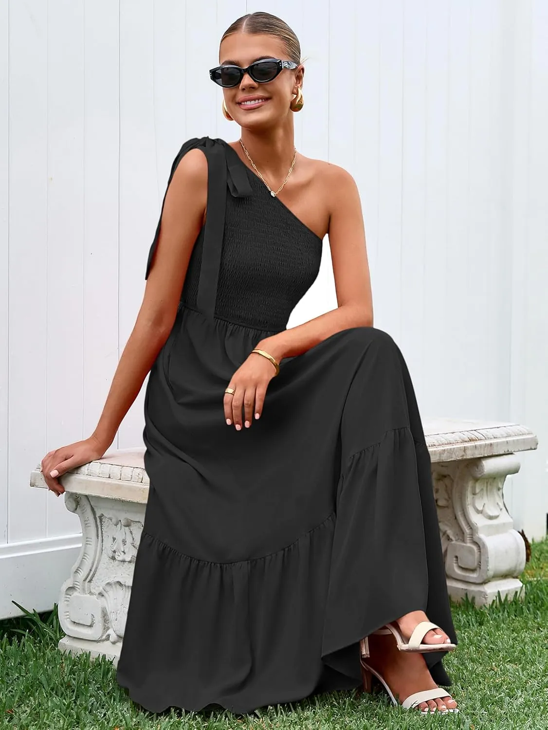 PRETTYGARDEN Womens One Shoulder Summer Maxi Dress Smocked Flowy Boho Beach Long Sundress Sleeveless Wedding Guest Dresses